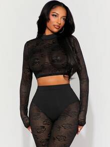 SHEIN SXY Valentine's Day Black Rose Lace Patchwork Sheer Long Sleeve Top And Black Footless Pants Sexy 2 Pieces Set For Women