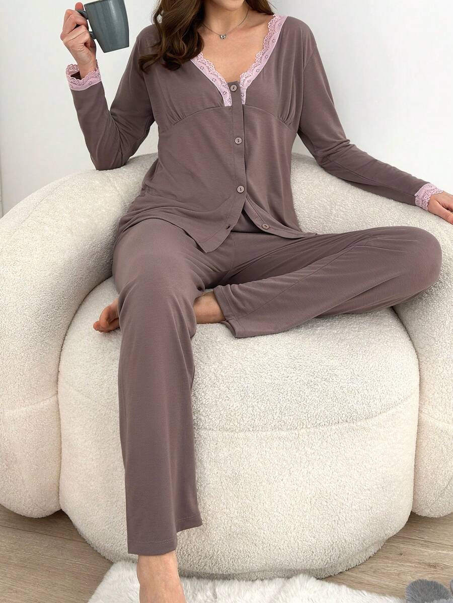 RueChic Women 2 Pcs Viscose Soft Touch Button Front With Contrast Colour Lace Detail Homewear Set - Brown - View 1