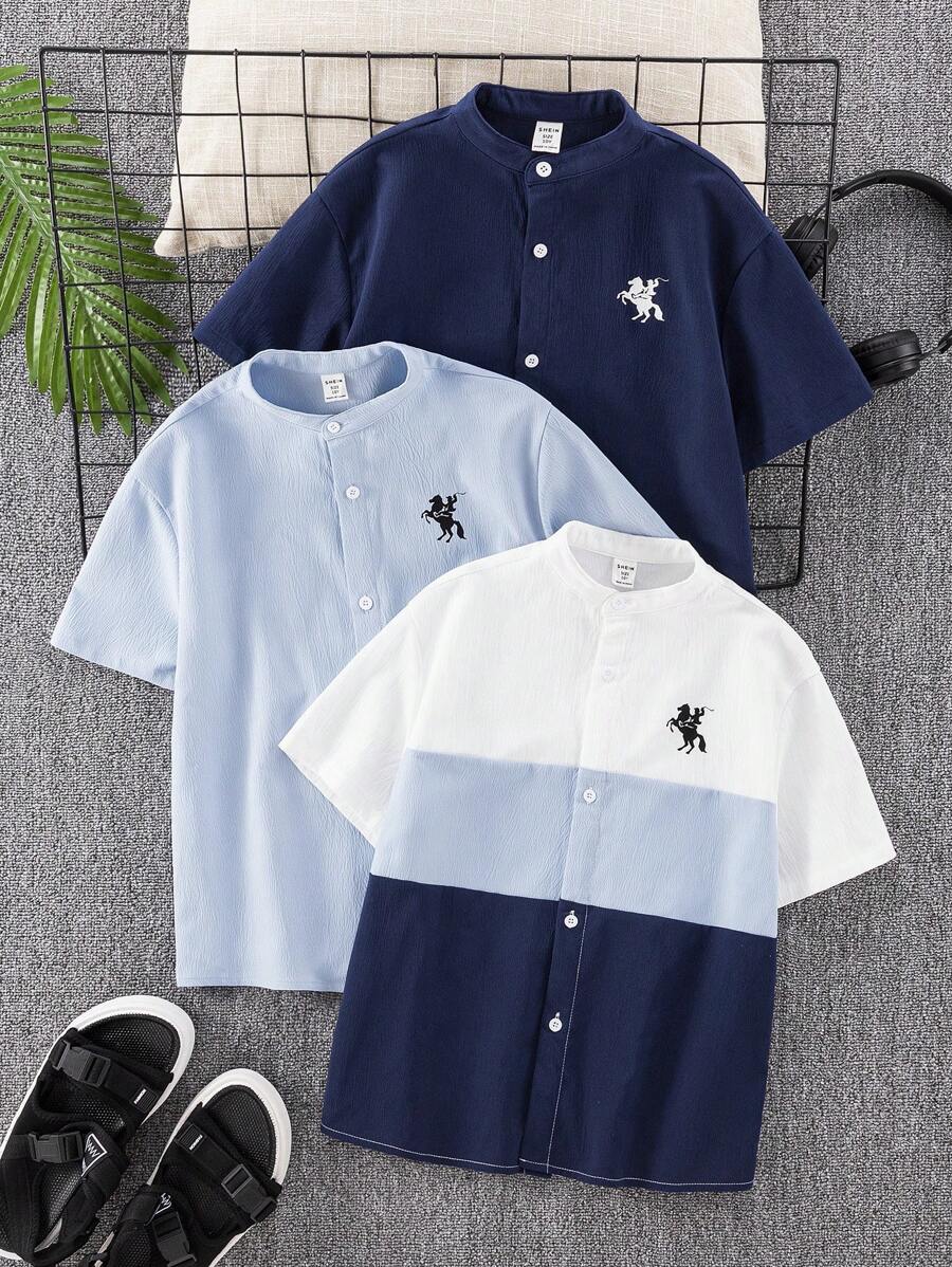 SHEIN 3 件套儿童青少年男童休闲假日纯色拼布撞色领印花短袖宽松衬衫，多件装 3 种不同设计，适合通勤、上学、日常休闲、旅行、运动、春季、夏季、秋季、冬季 - 彩色 - 查看 1