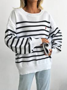 EURMUSE Striped & Heart Pattern Drop Shoulder Sweater - Black - View 4