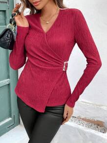 SHEIN LUNE Women's V-Neck Long Sleeve T-Shirt, Front Placket With Japanese Character Buckle Decor, Textured Fabric, Versatile Daily Wear, Autumn/Winter Fall Cloth For Women - Burgundy - View 6
