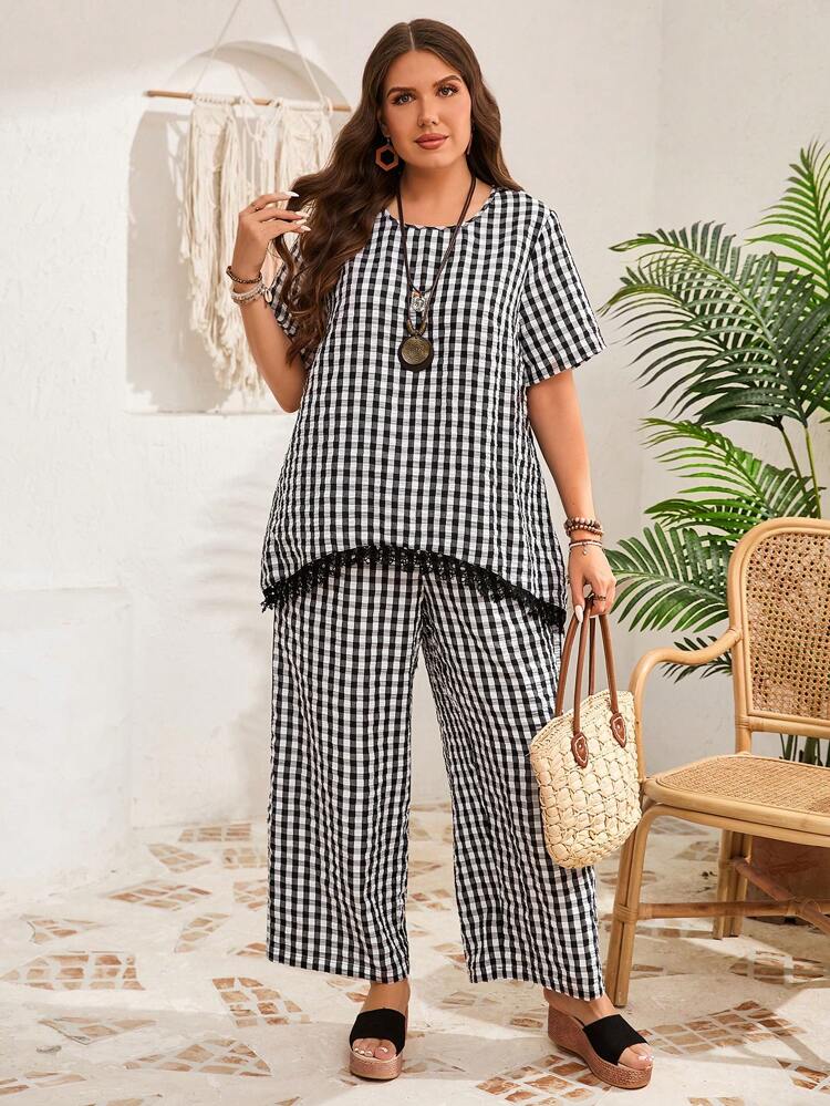2pcs Plus Size Plaid Short Sleeve Top And Pants Set, Casual And Fashionable For Daily Wear,Vacation Outfits Woman,Vacation Outfits Woman,Summer Clothes