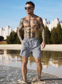 Manfinity Swimmode Men's Drawstring Waist Pocketed Loose Beach Shorts,Hawaiian - Grey - View 6