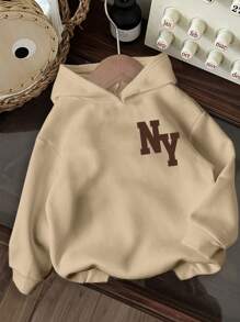 SHEIN Tween Boy Casual Minimalist Cartoon Bear & NY Print Long Sleeve Hoodie Sweatshirt