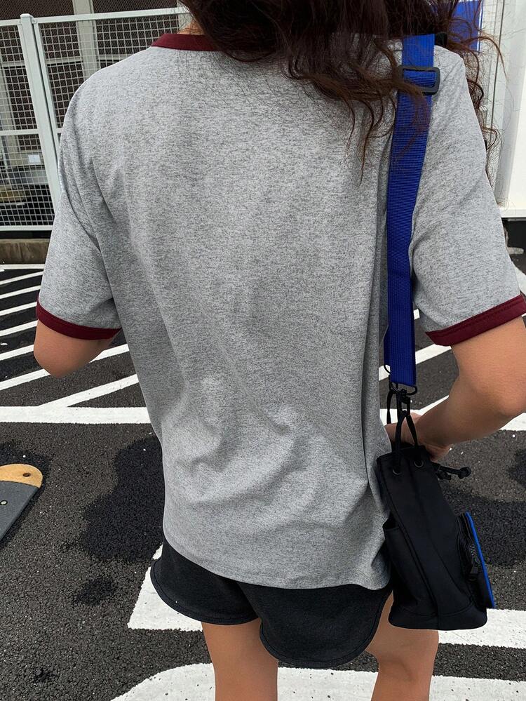Colorblock Splice 2 In 1 Letter Print Round Neck Minimalist Short Sleeve T-Shirt For Women