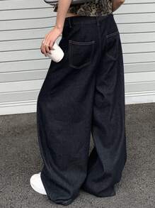 DAZY 女士复古宽松直筒牛仔裤 - 深色水洗藍 - 查看 7