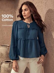 Bohemela Tie Neck Lantern Sleeve Frill Trim Peplum Top