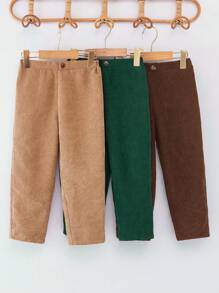 SHEIN Conjunto de 3 piezas de ropa casual para niños pequeños, incluye pantalones de pana de color azul marino, negro y caqui, con botones y bolsillos, cómodo para exteriores, la escuela y fiestas, apropiado para primavera y verano