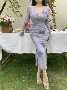 DAZY 2 件套女式花卉印花吊带裙和衬衫上衣套装，秋季服装 - 紫色 - 查看 7