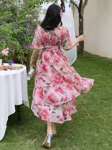 Joudiya Vestido midi floral vintage con cuello en V y mangas con volantes para mujer
