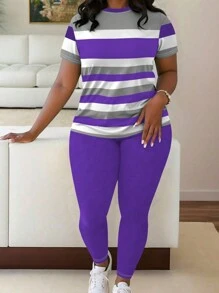 Maweii 大码圆领短袖条纹印花上衣和休闲裤两件套，适合夏季 - 彩色 - 查看 1