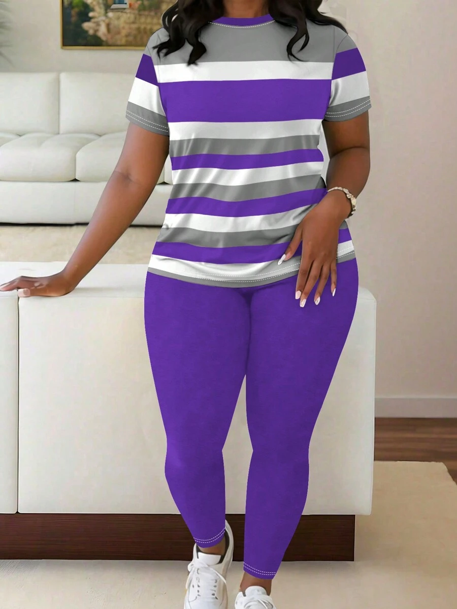 Maweii 大码圆领短袖条纹印花上衣和休闲裤两件套，适合夏季 - 彩色 - 查看 1