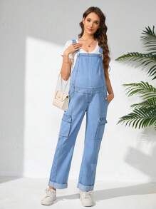 SHEIN Denim-Latzhose mit breiten Trägern, Knöpfen und Taschen, einfach und lässig für schwangere Frauen