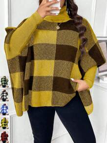 SHEIN Unity Plus Size Turtle Neck Long Sleeve Plaid Casual Pullover Sweater Knit Pullover Fall Winter Sweater