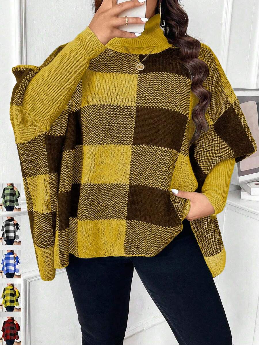 SHEIN Unity Plus Size Turtle Neck Long Sleeve Plaid Casual Pullover Sweater Knit Pullover Fall Winter Sweater