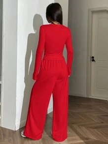 SHEIN EZwear 2 Stück Damen Set aus einfarbigem Crew-Neck Langarm Oberteil und Hose, figurbetonter Schnitt