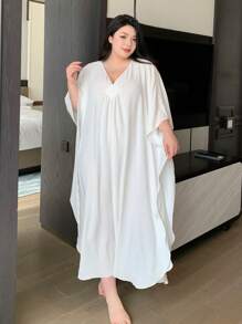Dazy Plus 深 V 领长袖大码长袍，白色，四季皆宜 - 白色 - 查看 6