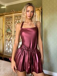 SHEIN EZwear Nieuwe aankomst PU-halsstrik bloemenminijurk voor dames, trendy