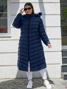 RueChic Plus Size Fuzzy Trim Hooded Zipper Down Coat - Navy Blue - View 4