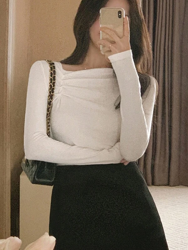 DAZY 女式不对称设计紧身褶皱汗衫，秋季服装