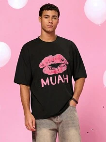 Manfinity VCAY Unisex Casual Loose Fit Lip Print & Letter Graphic Short Sleeve T-Shirt - Black - View 5