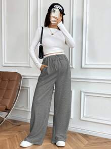 SHEIN Maternity Elastic Waist Drawstring Pocket Wide Leg Loose Casual Pants - Dark Grey - View 7