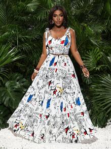 Slaydiva Conjunto informal de 2 piezas con parte superior de tirantes anchos con lazo y estampado abstracto para mujer