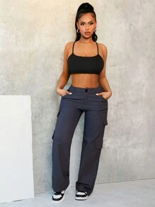 BamGleam Pantalones casuales anchos y sueltos de mujer con diseño de bolsillo de unicolor