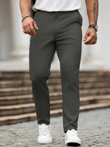 Manfinity Mode Men's Solid Color Straight-Leg Casual Suit Pants With Pockets - Grey - View 3