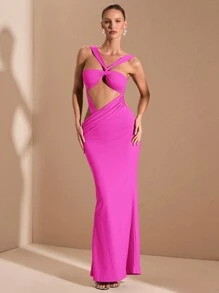 SHEIN BAE Solid Red Knitted Sexy Elegant Minimalist Lace-Up Hollow Tube Top Design Long Dress, Suitable For Graduation Ceremony, Formal Occasions, Cocktail Party, Romantic Date, Autumn/Winter Underdress, Party, Clubbing, Wedding Bridesmaid Dress, Nightout, Halloween, Christmas - Hot Pink - View 4