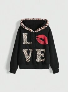 ROMWE J-Fashion Y2K Babe Style I LOVE LEOPARD Leopard Print Patchwork Hoodie - Black - View 1