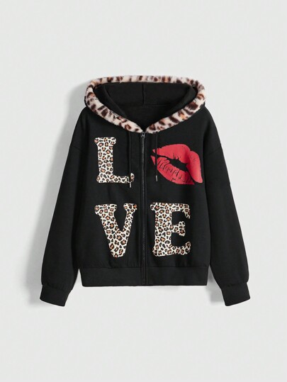 J-Fashion Style "Y2K Babe", sweat-shirt à capuche patchwork imprimé léopard "I LOVE LEOPARD"