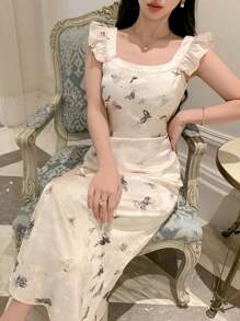 DAZY Robe midi à col carré à fleurs avec volant pour femmes, robe de soirée