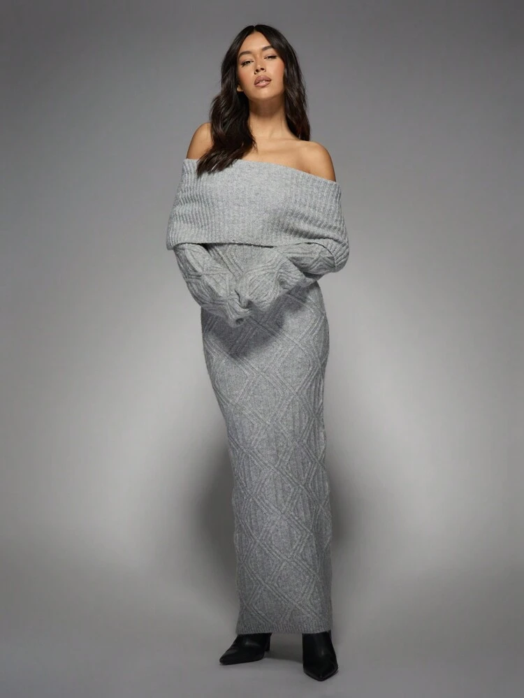 MISSGUIDED Luksusowa, dzianinowa sukienka sweterkowa maxi z odkrytymi ramionami, zimowa, wygodna, prążkowana, z dekoltem bardot, długim rękawem, ciepła, na imprezę świąteczną, wieczorową, sięgająca do ziemi
