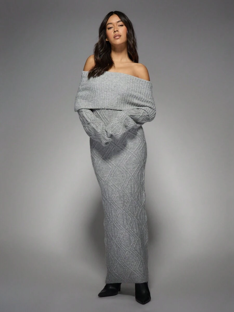 MISSGUIDED 奢华露肩麻花针织长款毛衣裙冬季舒适罗纹露肩长袖保暖节日派对晚会及地针织衫 - 灰色 - 查看 1