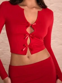 SHEIN BAE Vrouwen Rode Bodyconjurk met lange mouwen en strikdecoratie, elegant voor Valentijnsdag, date, feest, woon-werkverkeer en casual dagelijkse kleding
