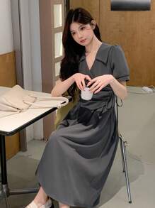 DAZY Color Block Puff Sleeve Mid-Length Dress For Women Sundress