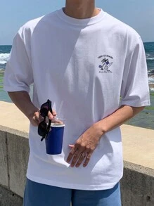 DAZY White Summer Beach & Surf Print Casual T-Shirt For Men,Graphic Tees