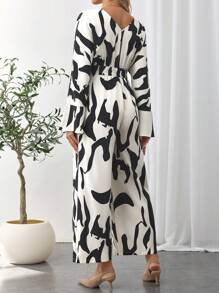 SHEIN Combinaison ample de maternité à imprimé graphique, jambe large, décolleté sexy - Noir et Blanc - Voir 2