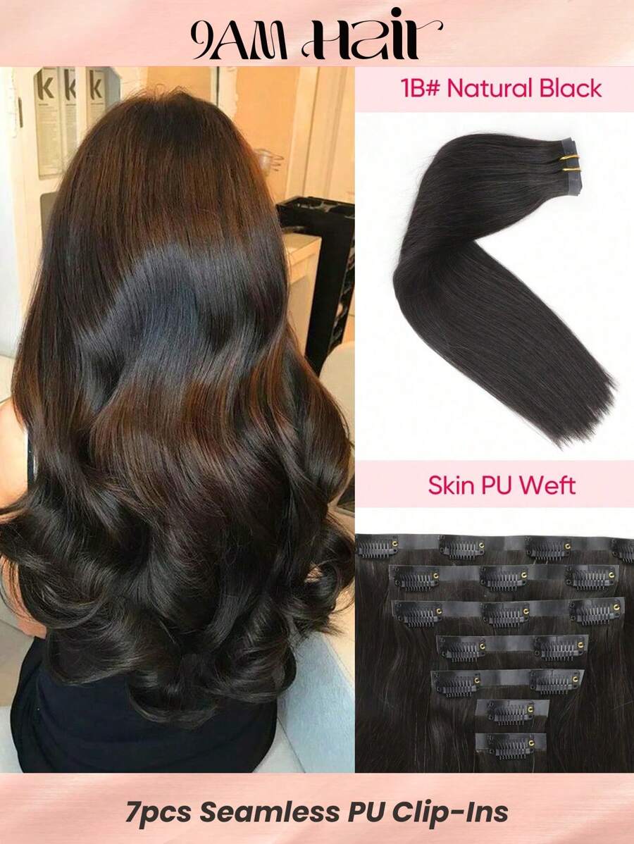 Seamless Clip Ins 115g Silky Straight 1B# Natural Black PU Seamless 7PCS Clip In Human Hair Extensions Clip Ins Hair Extensions - S1B - View 1