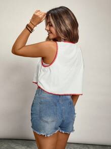 SHEIN VCAY VCAY Plus Size White Contrast Trim Front Button Placket Sleeveless Casual Jacket,Western Holiday Autumn Summer Top For Women Rave Festival - White - View 2