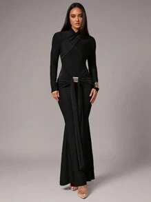 Silquee Women's Elegant Overlapping Long Sleeve Dress,Metal Buckle Decor Front Slit,Elastic Knit,Autumn/Winter Layering For Dining,Cocktail Party,Black - Black - View 3