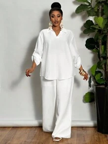 Slaydiva Plus Size Woman 2 Pieces All White Outfit Set: Loose Solid White V-Neck Casual Blouse & Straight Leg Pants, Lightweight Semi-Sheer Woven Fabric, Suitable For Spring/Summer Daily/Holiday Wear