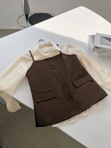 Dazy-Less 2pcs Women Loose Contrast Color Shirt & Suspender Suit Set - Brown - View 6