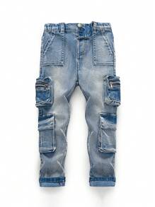 SHEIN Young Boy Street Cool Distressed Washed Cargo Pocket High Stretch Skinny Light Blue Jeans,For Kids Spring/Summer Clothes Rave Outfits Festival - Light Wash - View 1
