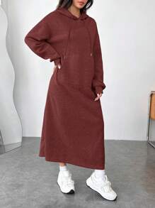 SHEIN EZwear Vestido casual con capucha y bolsillos para mujer talla grande, vestido sudadera de manga larga con corte holgado y detalle de abertura, apropiado para uso diario, otoño/invierno