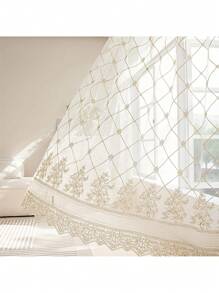 单片格子刺绣薄纱窗帘，顶部带挂钩的杆袋，3D 刺绣花卉图案，法式乡村浪漫白色窗帘，适用于客厅、卧室、隔断、秋季装饰、秋季装饰、房间装饰 - 白色 - 查看 5