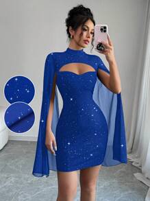 Selianne 女士前拉链长袖网眼拼接迷你修身连衣裙 - 藍色 - 查看 3