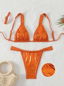 SHEIN Swim 女士蛇皮印花提花性感泳装比基尼套装，适合游泳、夏季海滩、派对和度假 - 棕色 - 查看 1