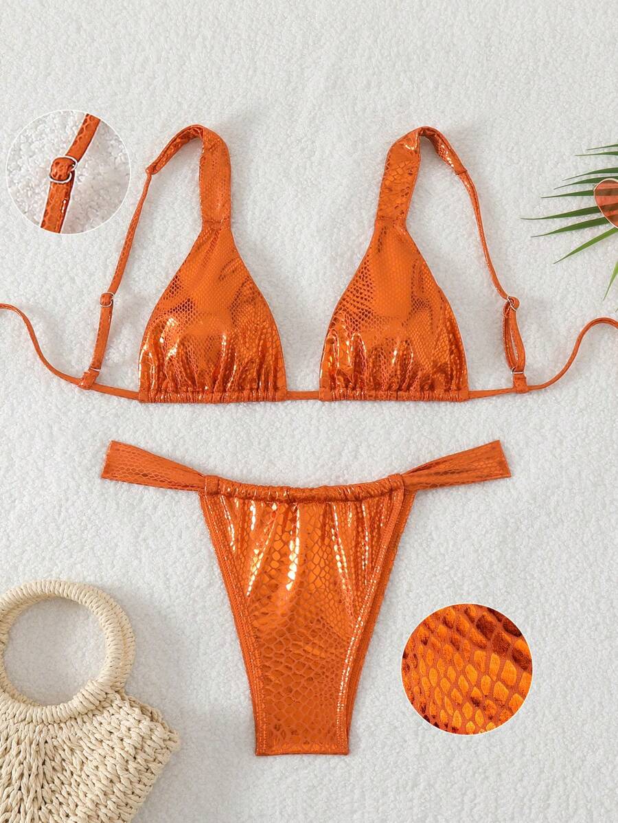 SHEIN Swim 女士蛇皮印花提花性感泳装比基尼套装，适合游泳、夏季海滩、派对和度假 - 棕色 - 查看 1